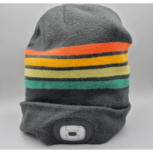 Night Scope Men's Gray Striped Beanie Hat With Headlamp One Size Work Outdoors - Picture 6 of 7